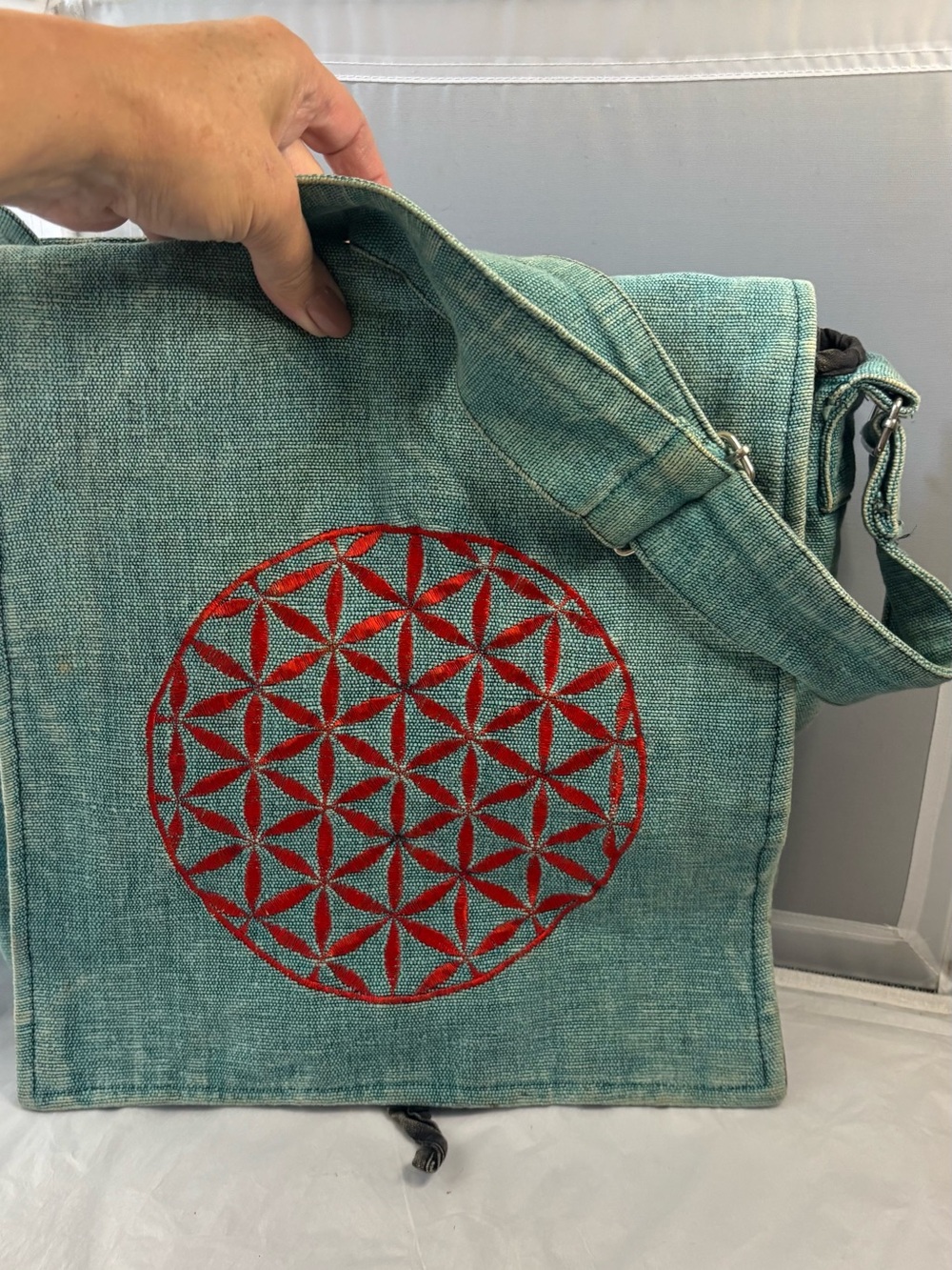 Vintage boho Teal Crossbody Messenger Bag with Red Geometric Embroidery Jean